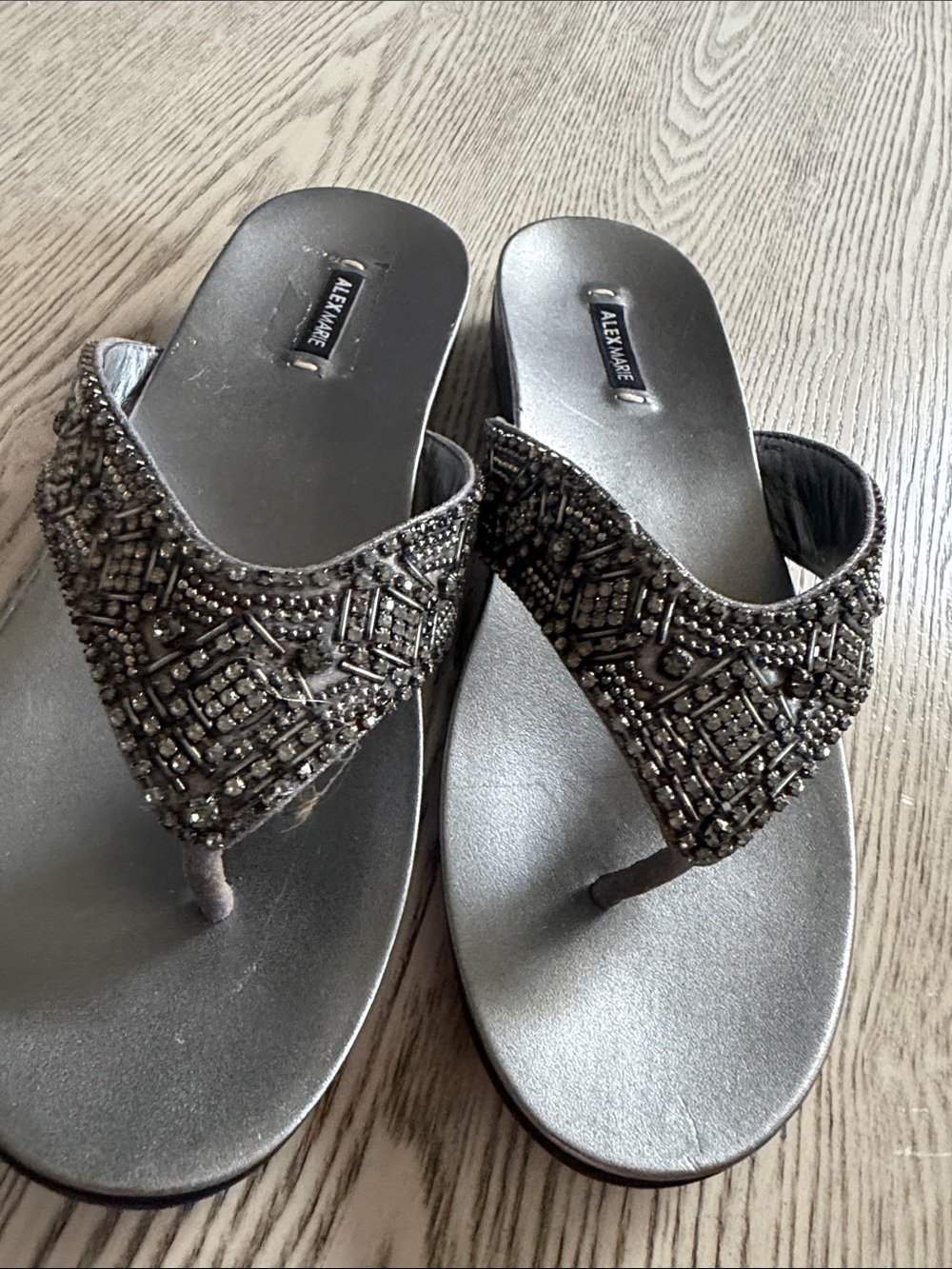 Alex Marie Metallic Pewter Beaded Thong Sandals
